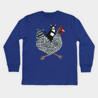 Tuxedo Cat on a Chicken Kids Long Sleeve T-Shirt